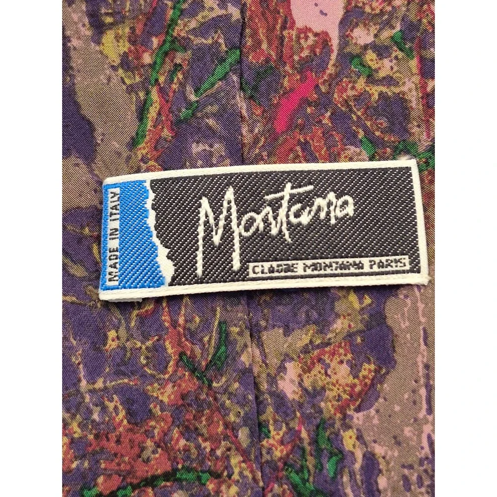 Claude Montana Paris‎ Mens Silk Tie Abstract Paint Purple Pink Green Italy VTG